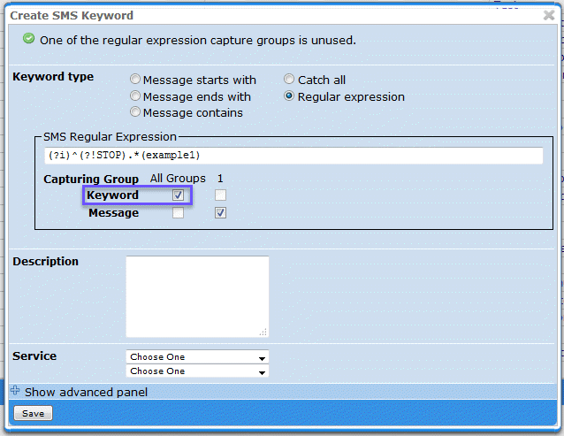 Create SMS keyword modal showing where to select the keyword setting