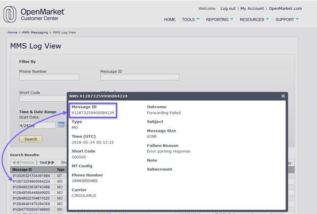 Log View report for MMS Messaging