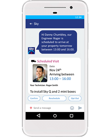 An illustration shows an RCS message from Sky on a mobile phone, confirming an upcoming scheduled visit from their engineer Roger.